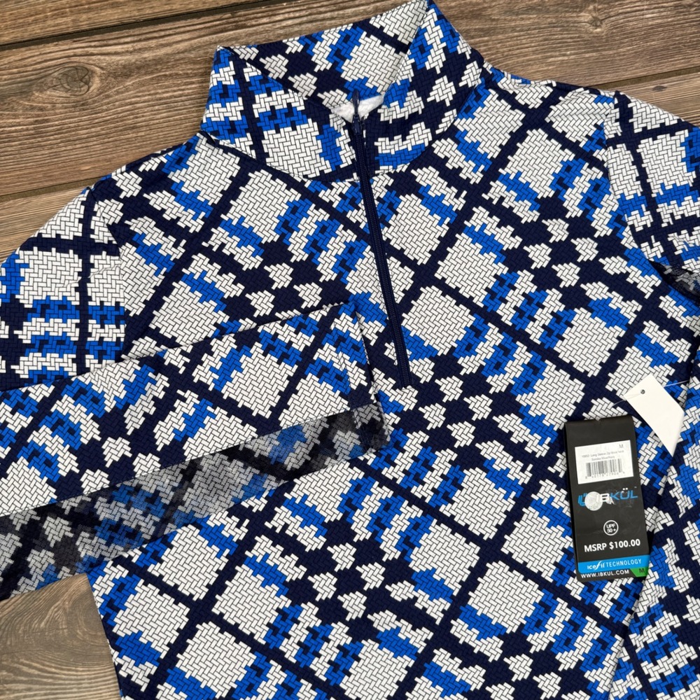 IBKUL Womens Long Sleeve Zip‎ Mock Neck MEDIUM Blue Sonika Print UPF 50+ NWT